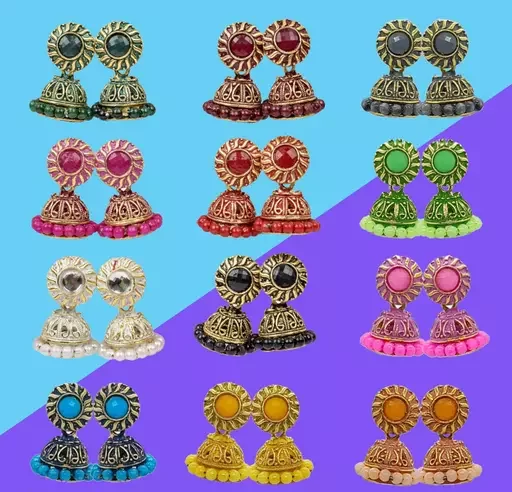 Combo of 12 Pair Colorful Small Jhumki Earrings